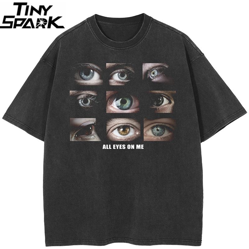 Hip Hop Washed Black TShirt Streetwear Eye World Graphic T Shirt Hipster Men Tshirt Cotton Unisex Tops Tees Dope Apparel