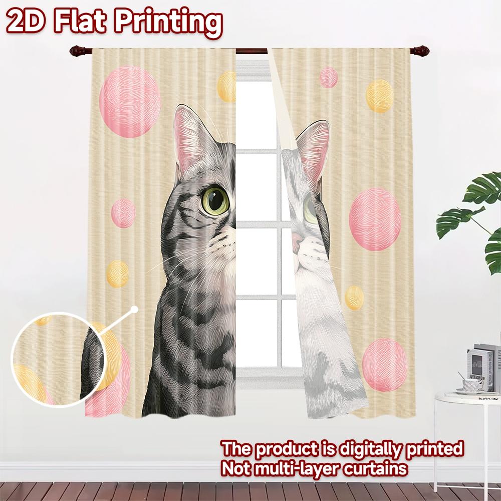 2D flat printing 2pcs Window Drapes Cute Cat Face Yarn Balls Digital Printed Polyester Drapes Holiday Decorations Perfect for