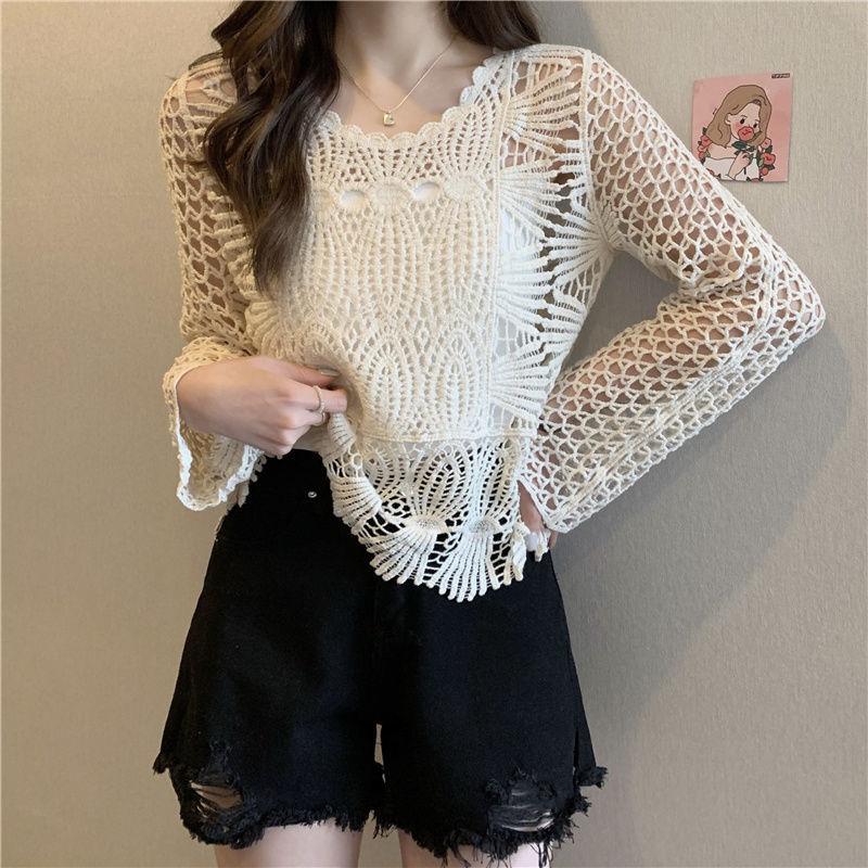 Hohlstrickbluse für Damen, Sommer, locker, dünn, Sonnenschutz, Klimaanlage, Hemd, einfarbig, schick, Spitze, kurzes Oberteil