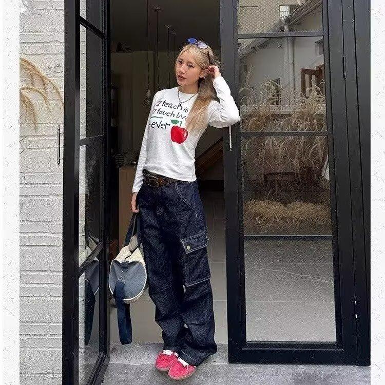 American High Street Jeans Herren Herbst Trendy Brand Ins Lockere Hose mit weitem Bein und geradem Bein Micro-Schlaghose