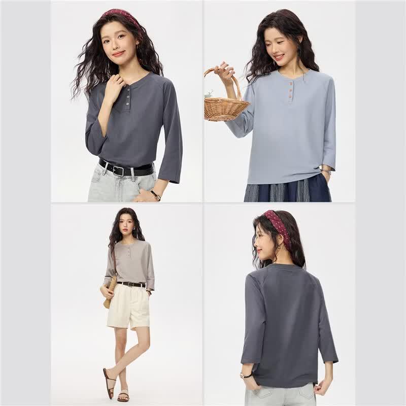 Giordano Women's Pure Cotton 3/4 Sleeve Henley Top