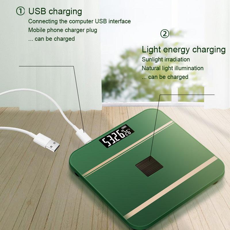 Digitale Waage Körpergewicht USB + optisches Aufladen Bluetooth Smart Wireless BMI Fettanalysator Badezimmer Mädchenschlafsaal tragbar