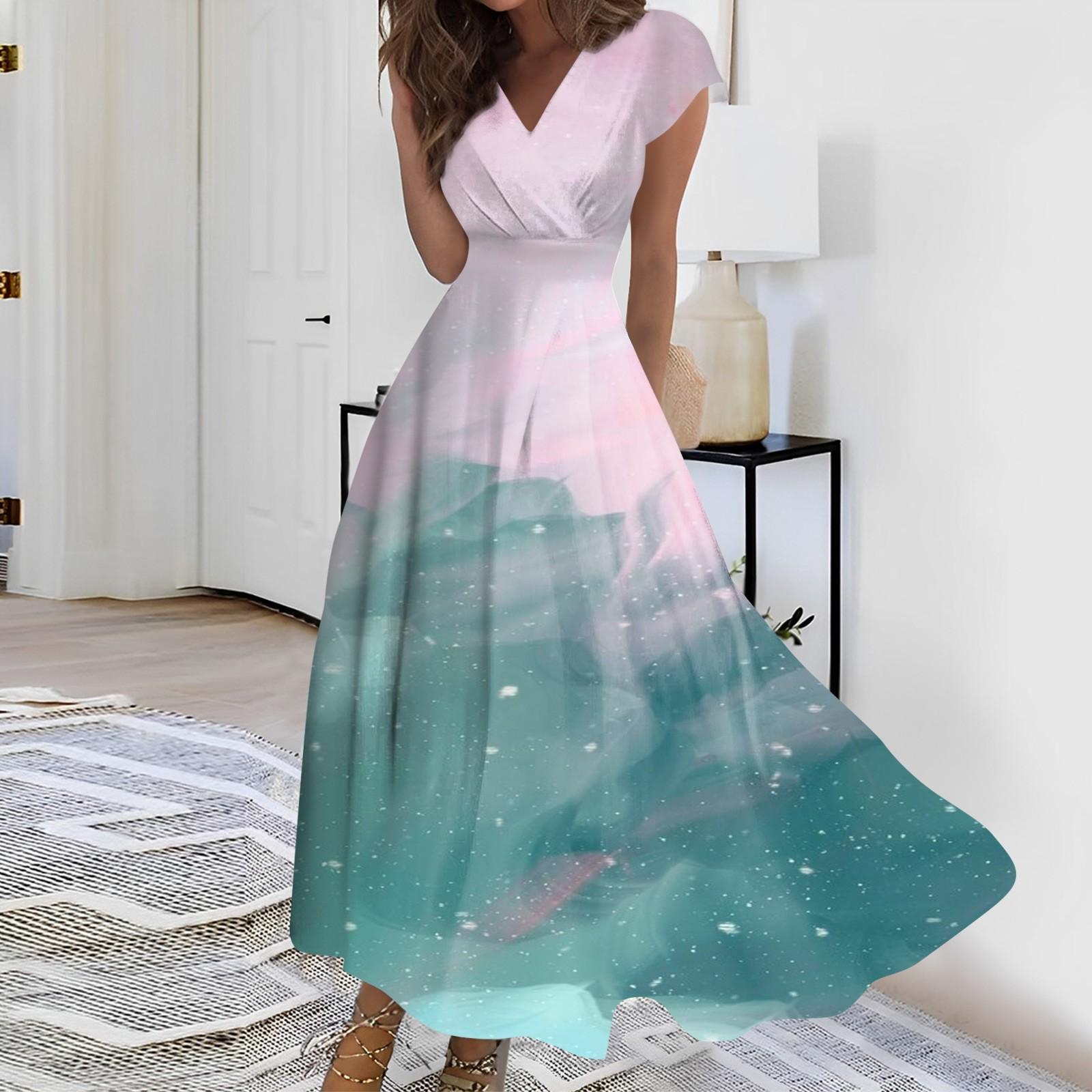 

Женское длинное повседневное платье. Летнее платье с короткими рукавами и v-образным вырезом на талии с принтом. XXL розовый