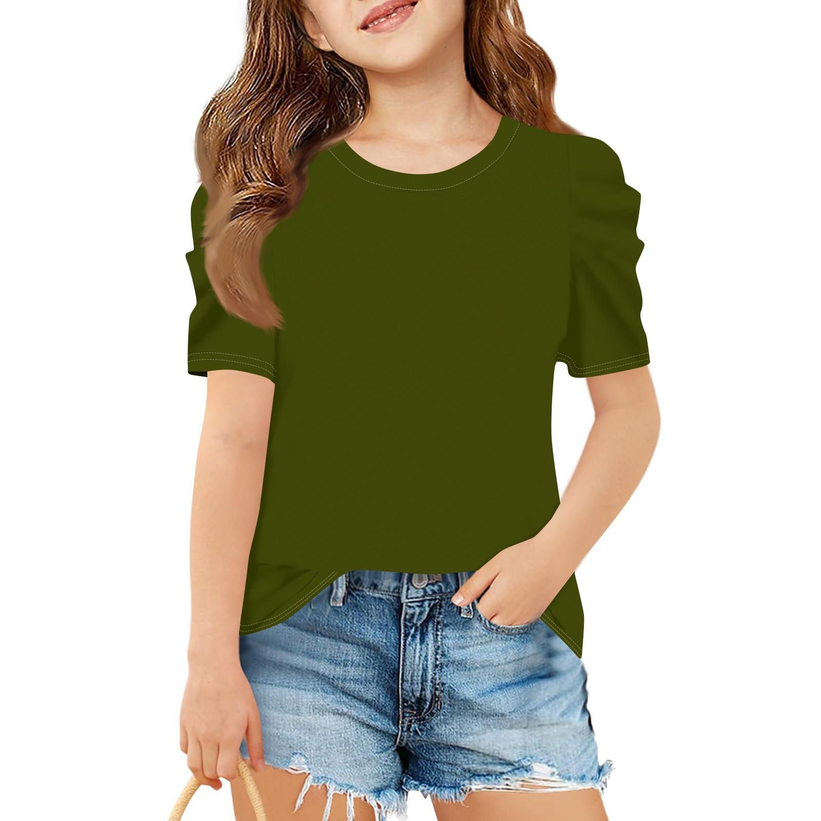 

Літній топ з коротким рукавом для дівчинки, дитяча повсякденна футболка однотонного кольору з круглим вирізом 110 армія зелений колір