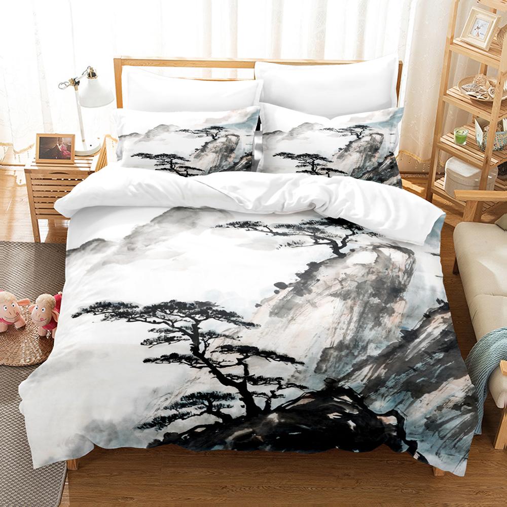 Watercolor Painting Duvet Cover Set Polyester Comforter Cover Lake Mountain Landscape Pattern for Kid King Queen Twin Full Size