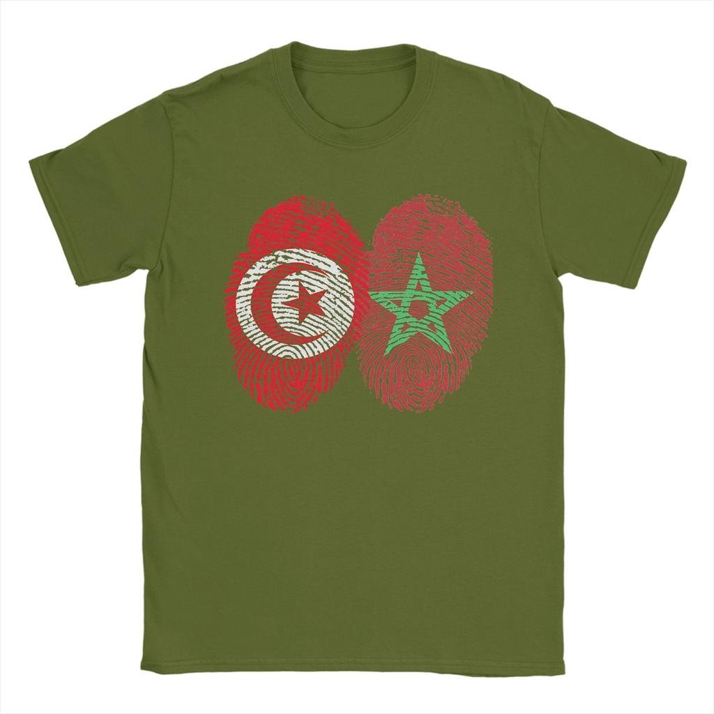 Tunisia Morocco Flags Fingerprints United TShirts Unisex Vintage Cotton Tee Shirt O Neck Short Sleeve T Shirt Printed Clothes