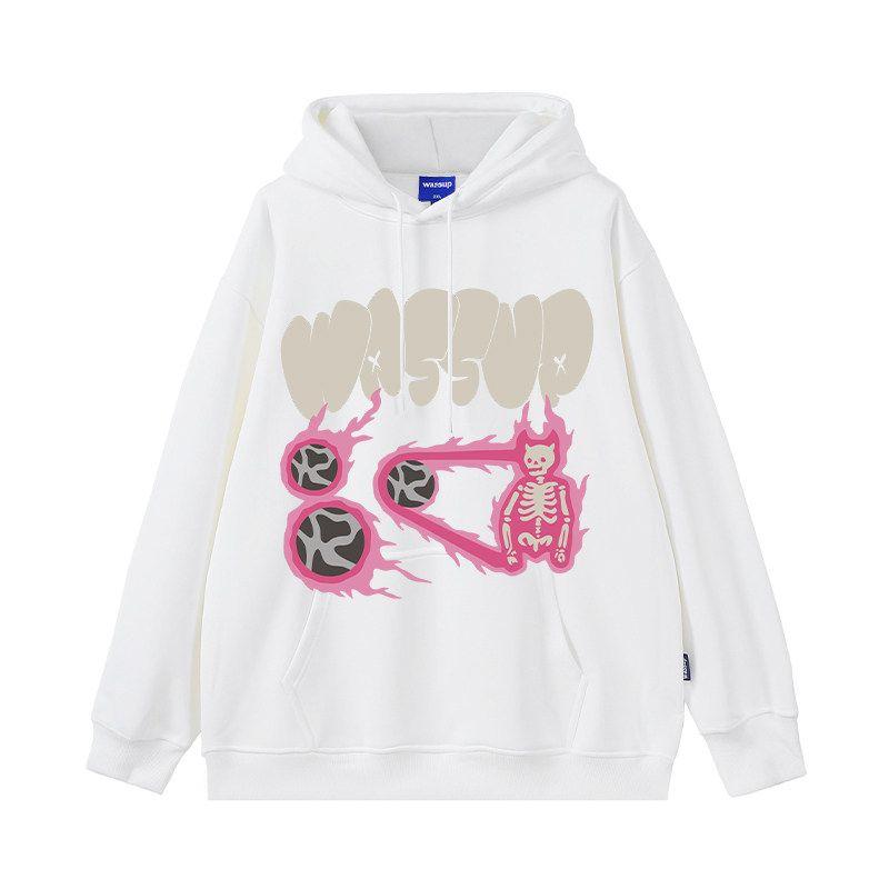 Wassup Heods Inkjet Letter American-Style Sweatshirt for Men, Hooded, Autumn and Winter, Fleece-Lined, Heavyweight Street Style Couple's Top