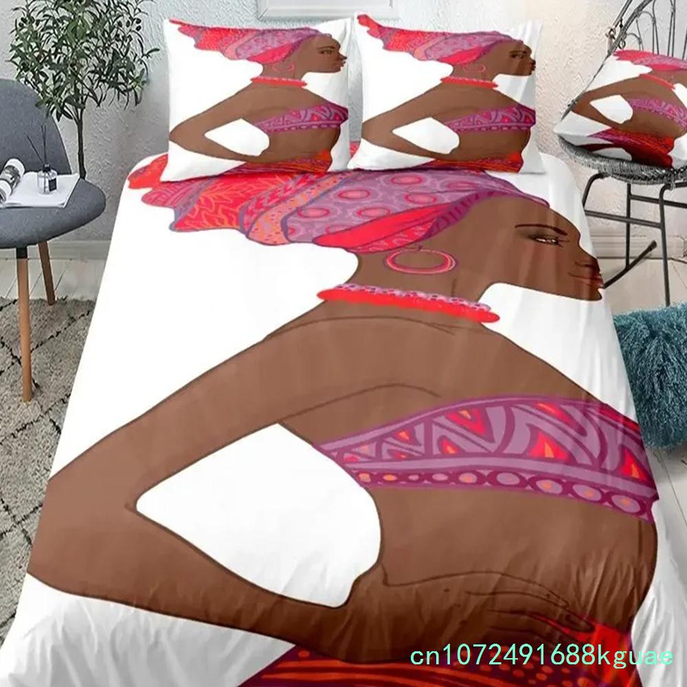 African Woman King Queen Duvet Cover Retro Exotic Tribal Black Girl Pattern Bedding Set Africa Polyester Quilt Cover Pillowcase
