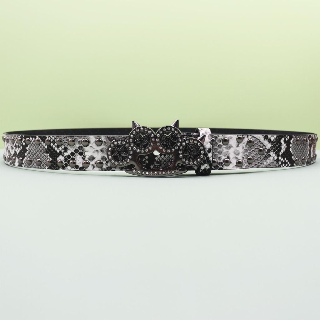 Rhinestone Tiger Claw Buckle Belt - Y2K Punk Rivet Women's Snake Skin Belt