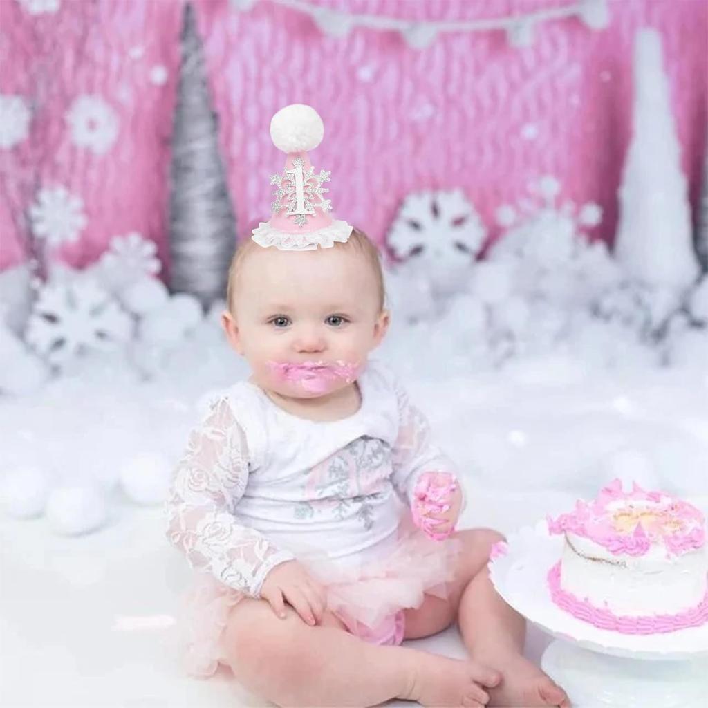 Winter Onederland 1st Birthday Hat - Pink Snowflake First Birthday Cone Hat, Winter Wonderland Party Supplies Decor for Girl, Snowflake Photo Props