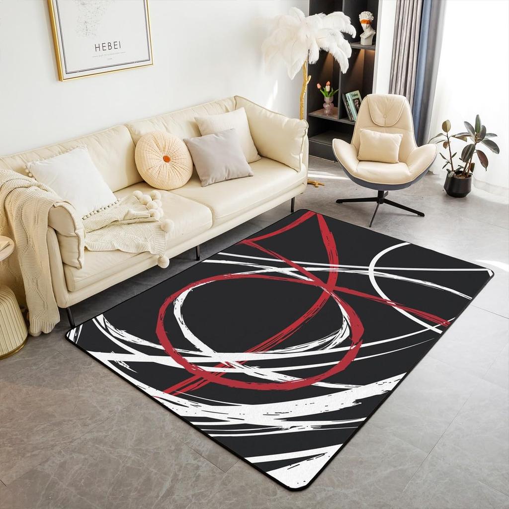 Contemporary Earthy Tone Themed Rug,Red Brown Beige Abstract Wave Non-Slip Floor Mat for Bedroom Living Room Office Decor Carpet