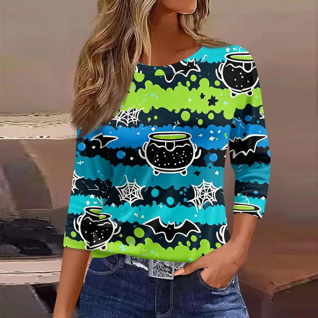 Women 3/4 Sleeve Casual Loose Fit Round Neck Shirt Halloween Bat Print Lightweight Pullover Top for Everyday Wear