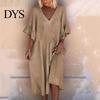 V Neck Midi Dress Summer Women Ruffle Patchwork Cuffs Loose Solid Color A-line Big Swing Half Horn Sleeves Casual Pullover Daily Wear Ruffled