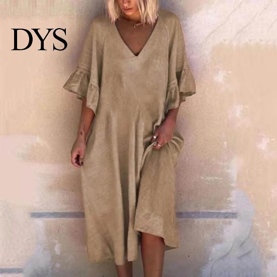 V Neck Midi Dress Summer Women Ruffle Patchwork Cuffs Loose Solid Color A-line Big Swing Half Horn Sleeves Casual Pullover Daily Wear Ruffled