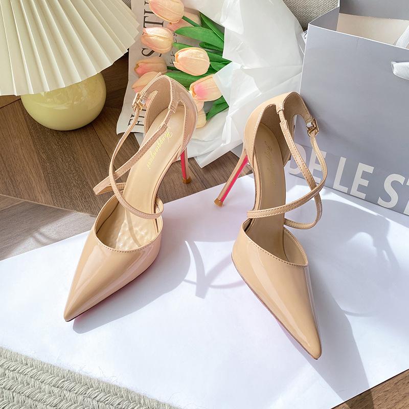Nude high heels women's stilettos new summer sexy royal sister cross strap pointed head red sole bag head sandals