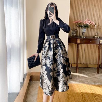 Autumn Luxury Celebrity Temperament French Fake Two Piece Long Sleeve Dress Women's Printed DressFemale Plus Size