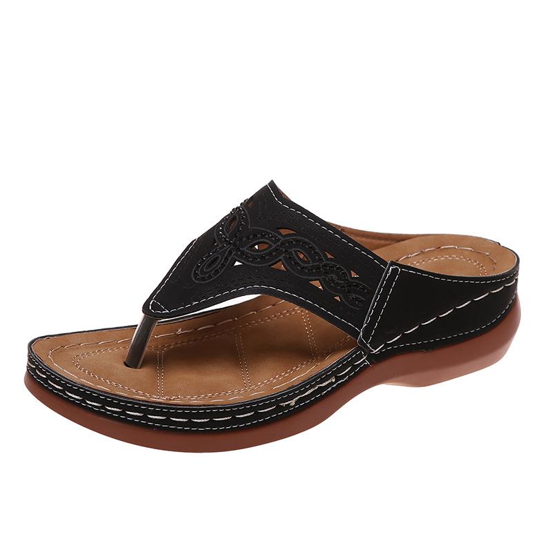 Damen-Plateausandalen, Strand, lässige Keile, Flip-Flops, hochwertige orthopädische offene Zehen, große Zehen, rutschfeste Outdoor-PU-Lederschuhe
