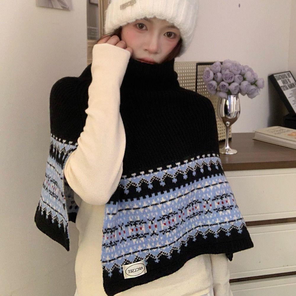 Pullover Fair Isle Style Knitted Shawl Thicken Neck Wraps Simple Jacquard Scarf  Women