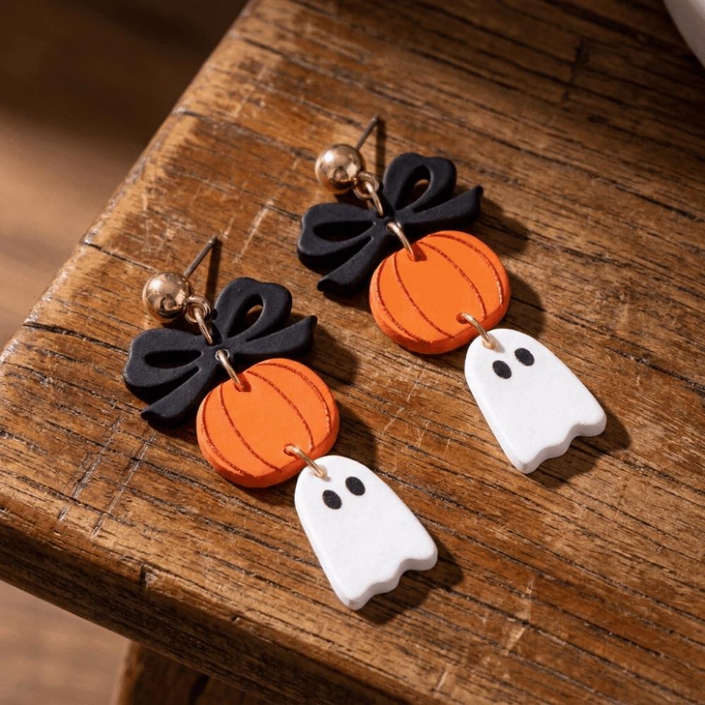 Acrylic Bow Ghost Pumpkin Earrings Spooky Charm Halloween Dangle Earrings Gothic Dress Up