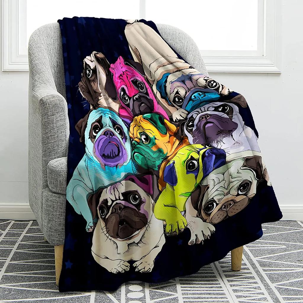 Cute Pet Pug Dog Print Blanket Soft Colorful Flannel Throw Blanket for Sofa Chair Bed Office Travelling Camping Lightweight