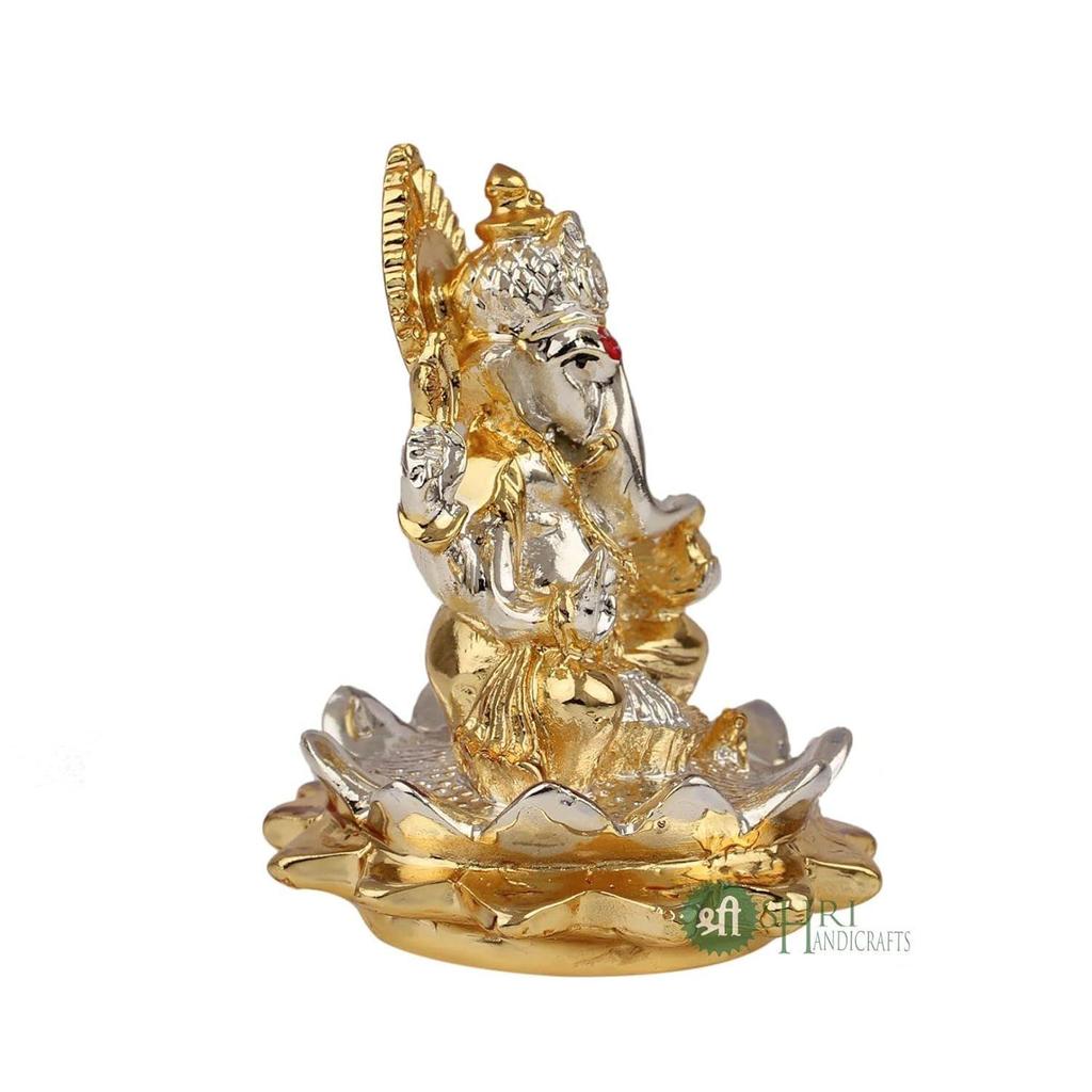 Gold & Silber Ganesha Idol Murti Sitzend auf Lotus Kamal Heimdeko und Geschenke (5x5x6cm)