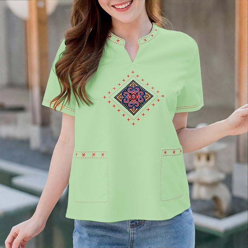 

ZANZEA Женская летняя блузка с V-образным вырезом и коротким рукавом с принтом 5XL зелёный