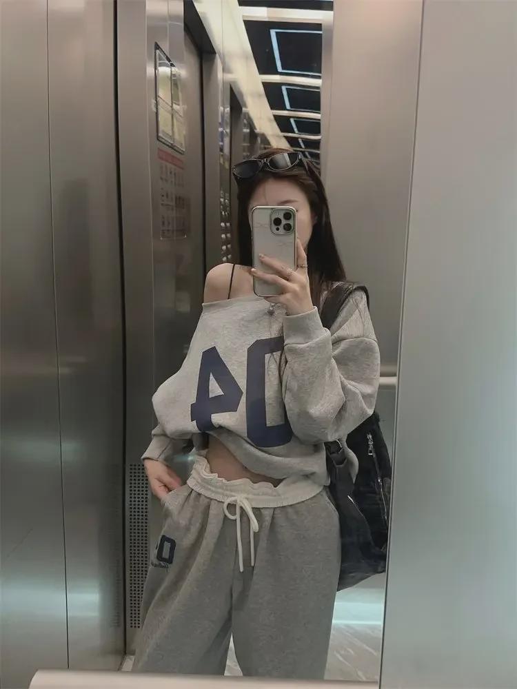 2024 Spring/Fall Women's Asymmetrical Shoulder Digital Print Sweatshirt & Loose Trousers Set