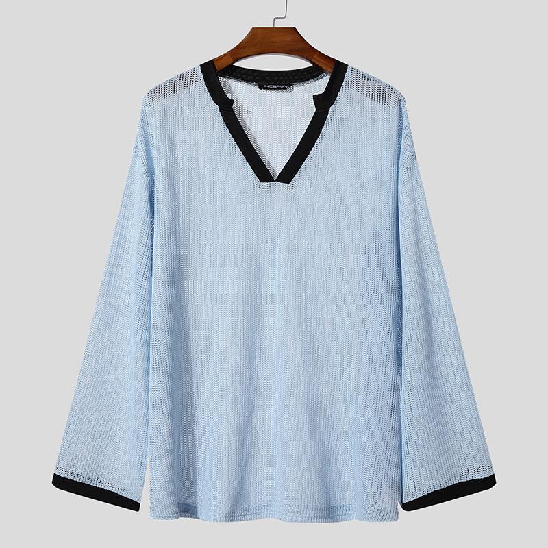 

INCERUN Осень Весна Мужской V-образный вырез Сшивка Длинный рукав Полый Свободный Пуловер Топы 5XL синий