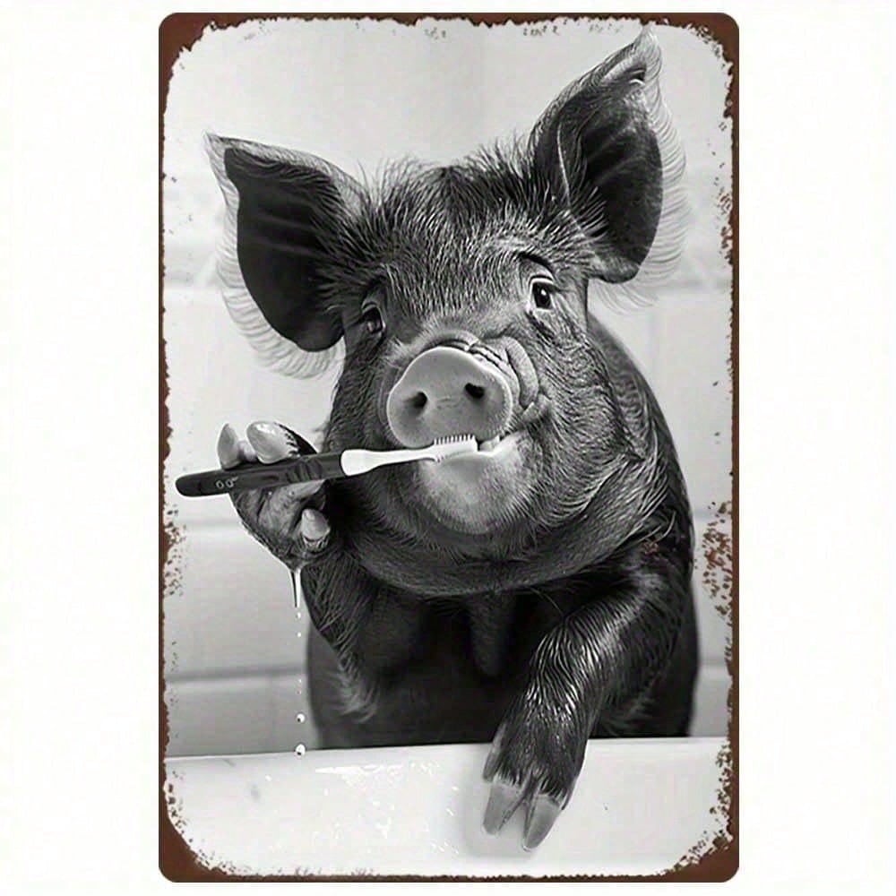 

Vintage Pig Brushing Teeth Metal Wall Art Decor Sign, 12x8 Inch Retro 2D Flat Iron Black and White Funny Sign for Bathroom Kitch різнокольоровий