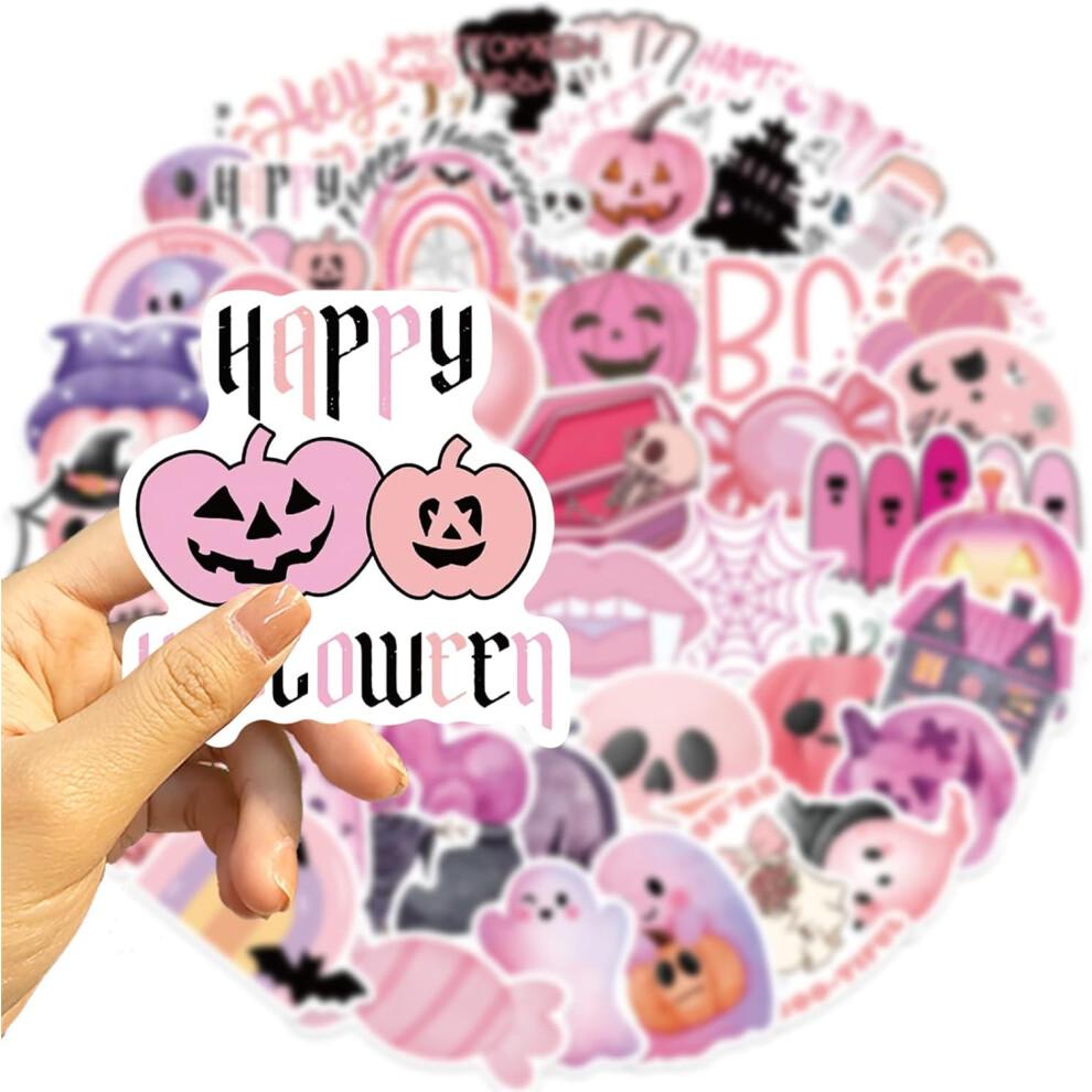 50pcs Kawaii Pink Halloween Stickers - Ghost & Pumpkin Theme, Waterproof Vinyl Decals for Kids Youth & Adults Holiday Party Favors & Gifts