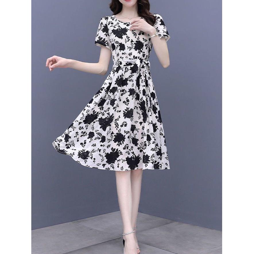 Floral Print High-Waist Short Sleeve Dress for Petite Women