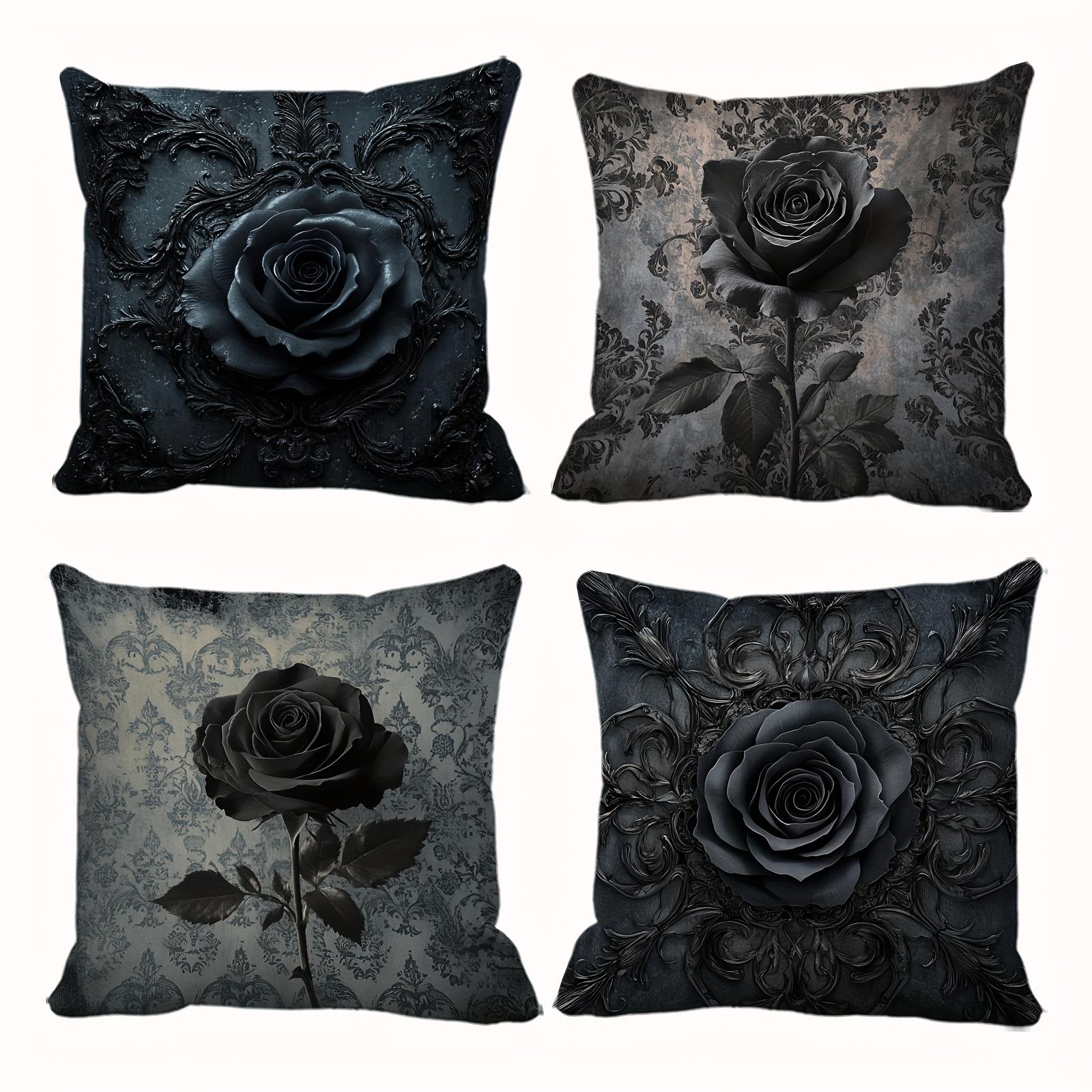 4pcs Gothic Dark Night Rose Luxury Pillow Covers Gothic Halloween Decor with Intricate Black Rose Damask Patterns, 18x18 In 4PCS