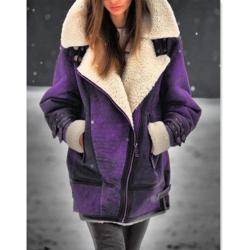 Veste pour femme style vintage à col sherpa, manteau trucker en fausse peau de mouton retournée avec fermeture éclair