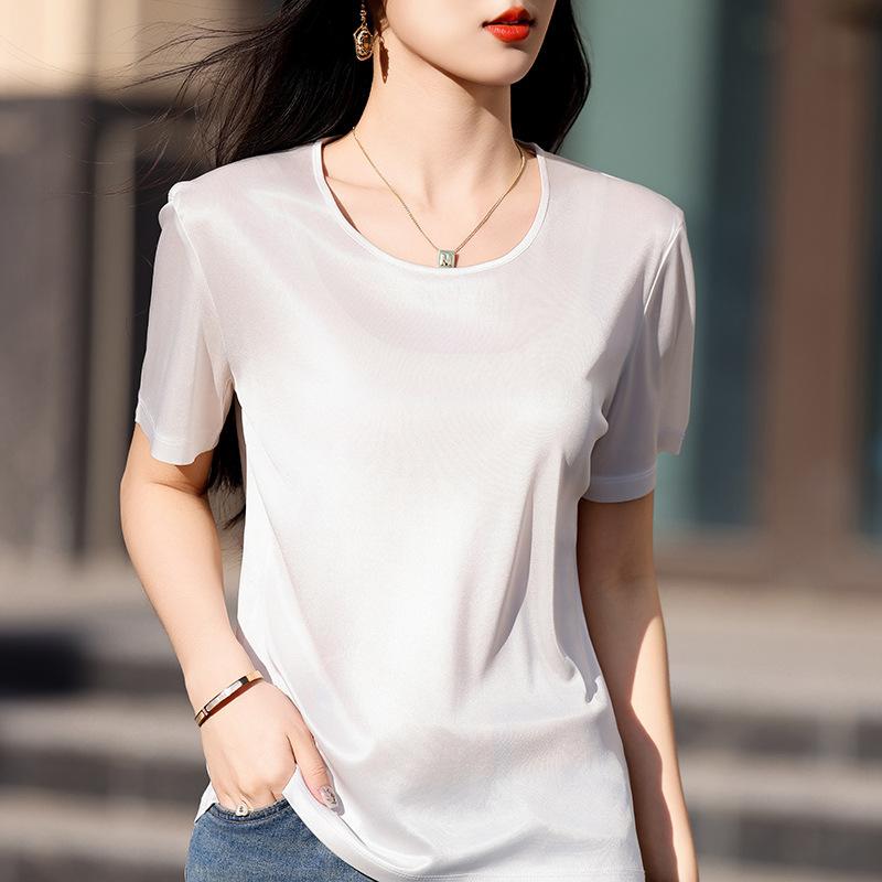 

Топ из сатина с U-образным вырезом и короткими рукавами, дышащий, тонкий, летний, новый, свободного кроя, с рукавами до локтя S белый