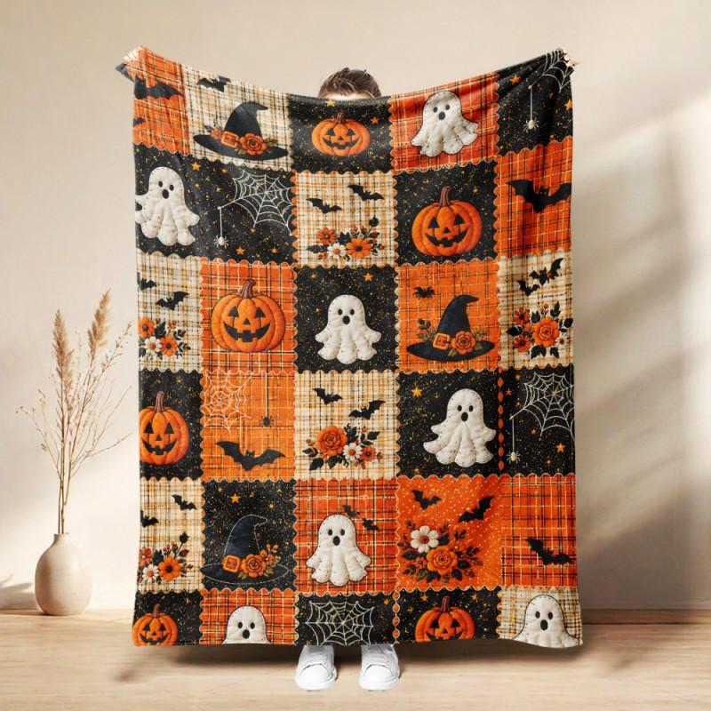 Soft Fleece Blanket Halloween Seasonal Use - Digital Print Cartoon Design Warm Lightweight Throw Bed Sofa Nap