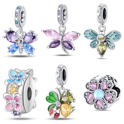 S925 Silver Bee Dragonfly Butterfly Clover Zircon Pendant DIY Bracelet 925 Silver Bead Charm