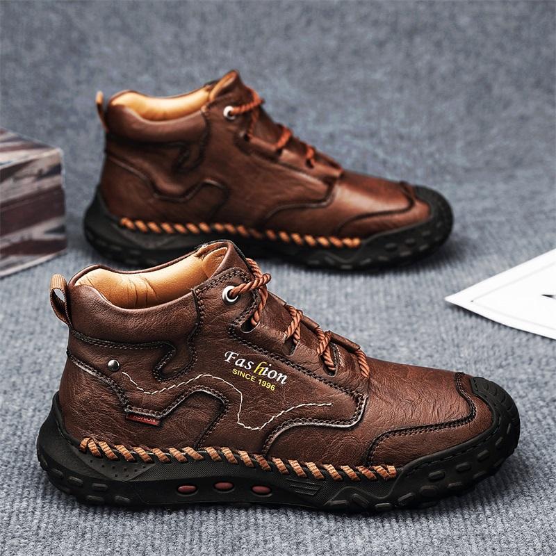 Mens Handmade Casual Leather Loafers Casual Shoes High Boots Leather Winter Sport for Men Soft and Comfortable Non-slip Cotton-padded Ankle Boots