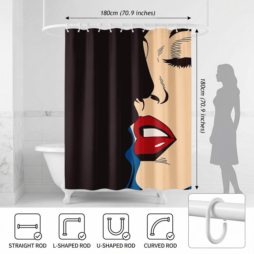Vintage Pop Art Sexy Red Lips Shower Curtain, Comic Girl Face Bathroom Decor, Modern Retro Fashion Fabric Bathroom Curtain