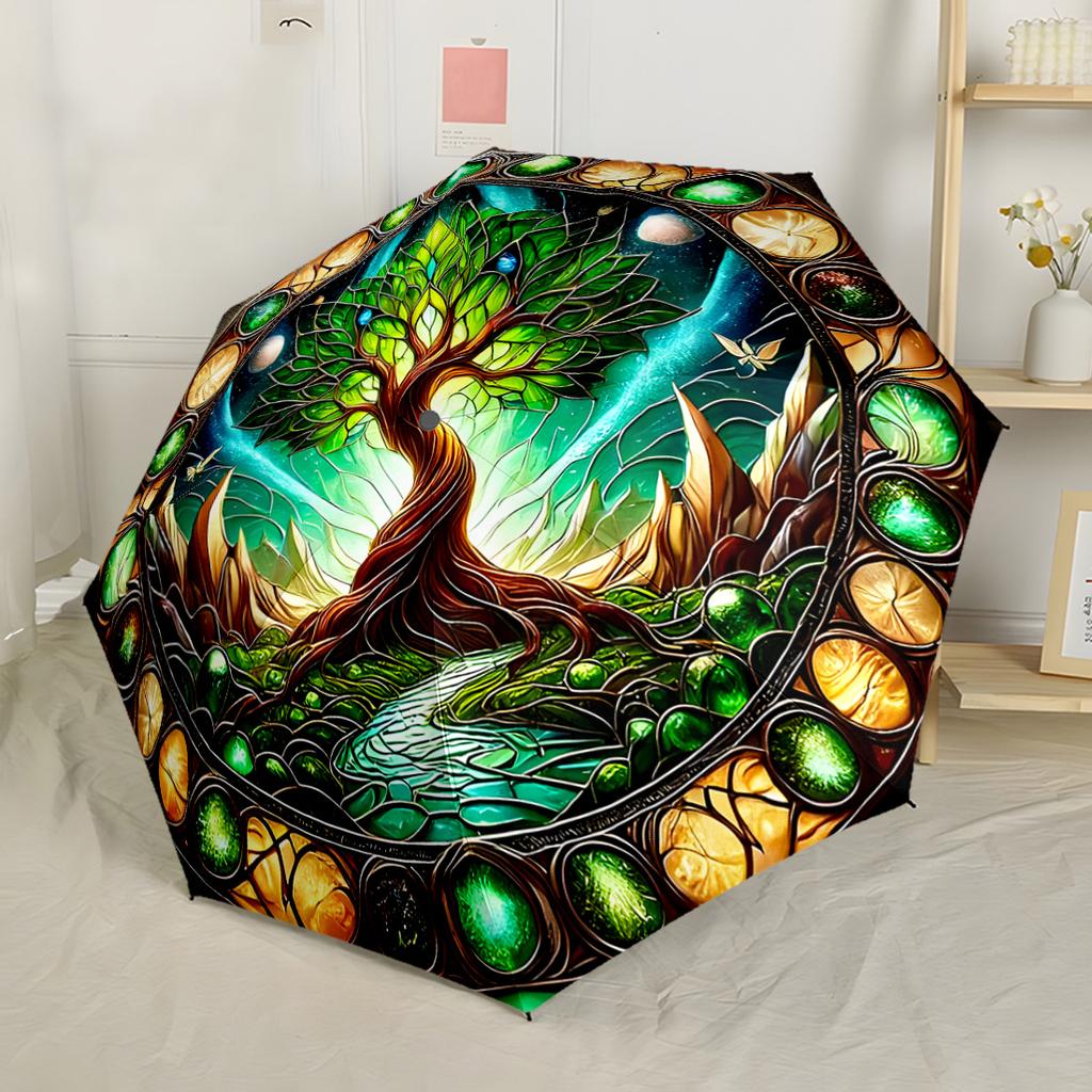Heiliger Baum Mandala Automatischer Regenschirm Stabiler 8-Speichen-Schaft Robuste Konstruktion für Damen/Herren Modefans Geschenk für Festivals