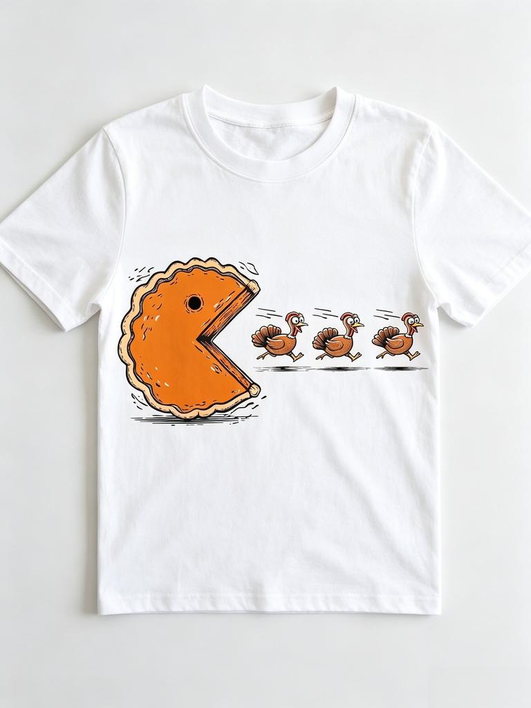 Funny Pumpkin Pie Chasing Turkeys tshirt Thanksgiving Pac-Man Graphic
