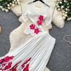 Miyake Pleated Two Pieces Skirt Suit Women 3D Flower Metal Batwing Sleeve High Stretch Blouse Tops + A-Line Maxi Skirt Sets