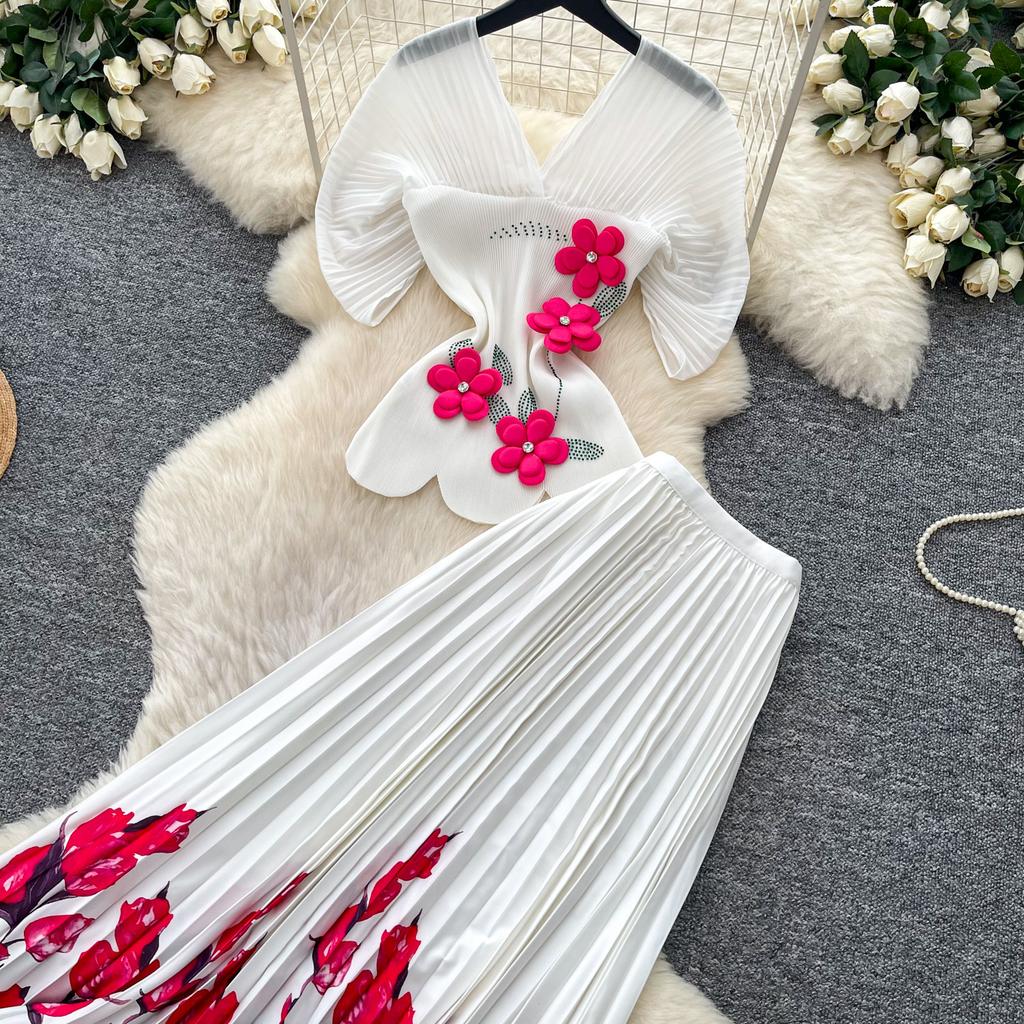 Miyake Pleated Two Pieces Skirt Suit Women 3D Flower Metal Batwing Sleeve High Stretch Blouse Tops + A-Line Maxi Skirt Sets