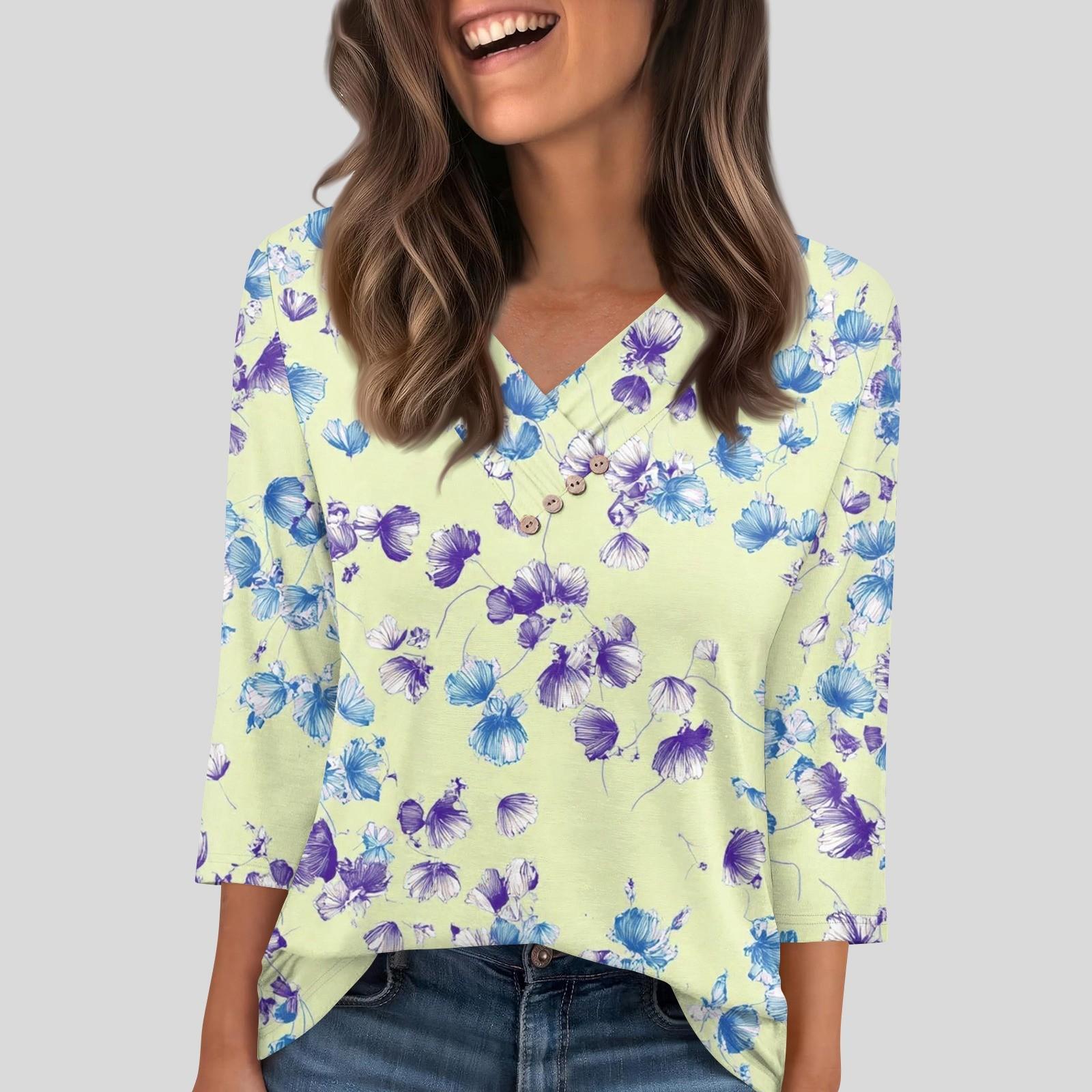 

Женская футболка, футболка, пуговица, рукав 3/4, туника, повседневная, для выходных, модная, базовая, с V-образным вырезом, обычный топ XL жёлтый