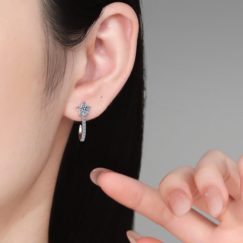 Sterling Star Stud Earrings With Moissanite CZ Pave Delicate U-Shaped Five-Point Women Office Chic Daily