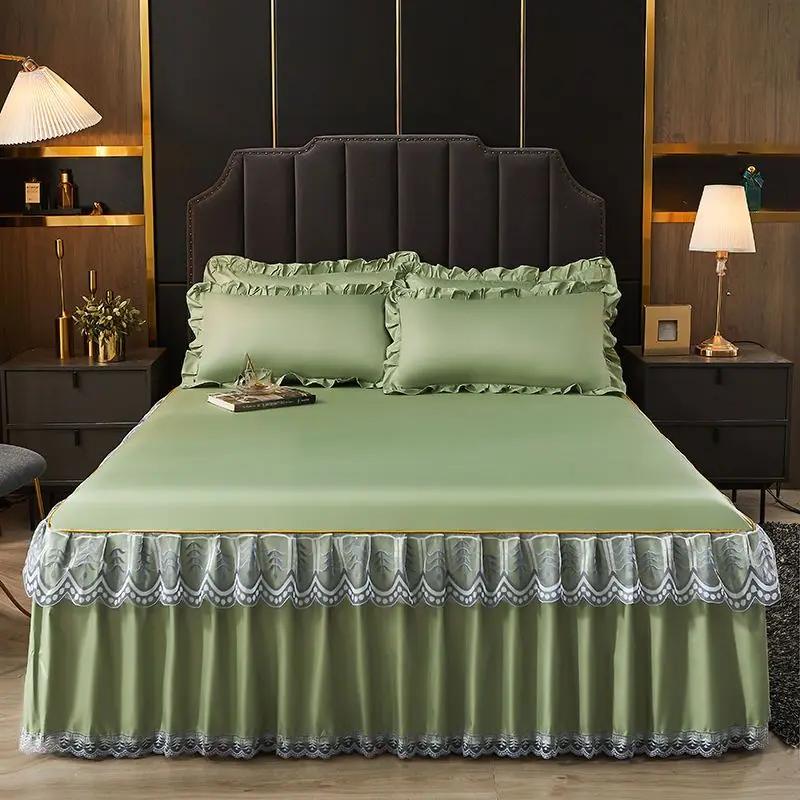 Luxurious lace bed skirt summer bedspread solid satin rayon bed linen couple bedding single double queen king size bed sheet