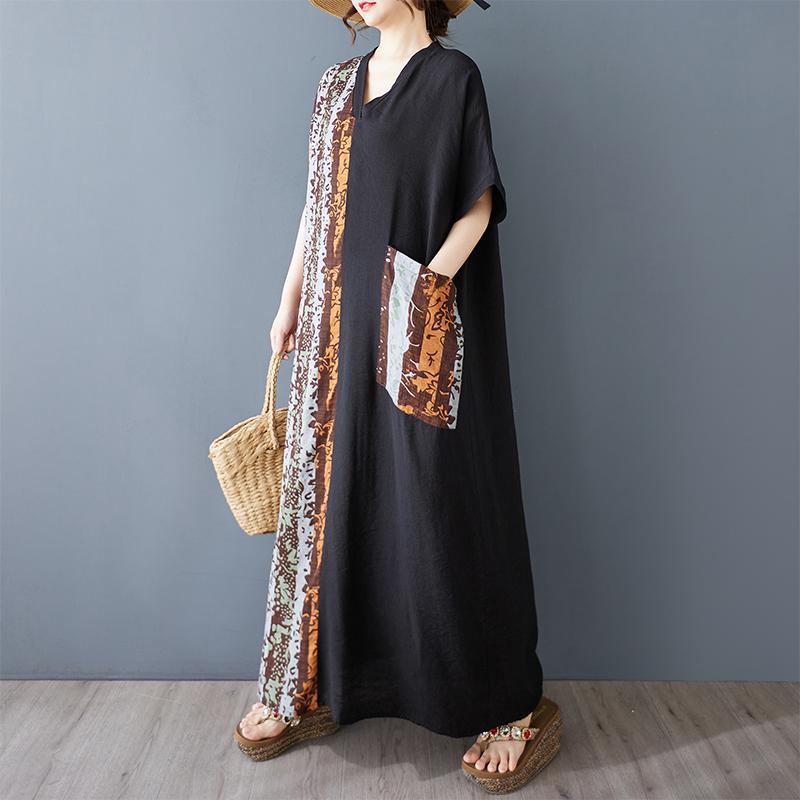 DIMANAF 2025 Plus Size Summer Women Long Dress Oversized Vintage Basic Pocket V-Neck Casual Printing Loose Dress