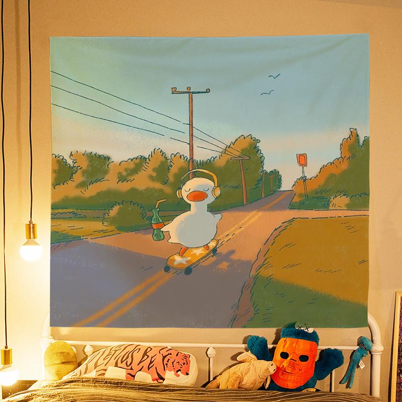 Cute duck background cloth cartoon girl bedroom wall cloth rental transformation dormitory bedside decoration hanging cloth 100X70CM