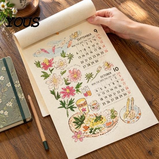 Vintage Style Date Record 2027 Wall Calendar with Wind And Flower Illustrations, Hand-Painted Retro Linen Artistic Hanging Texture Paper, 12