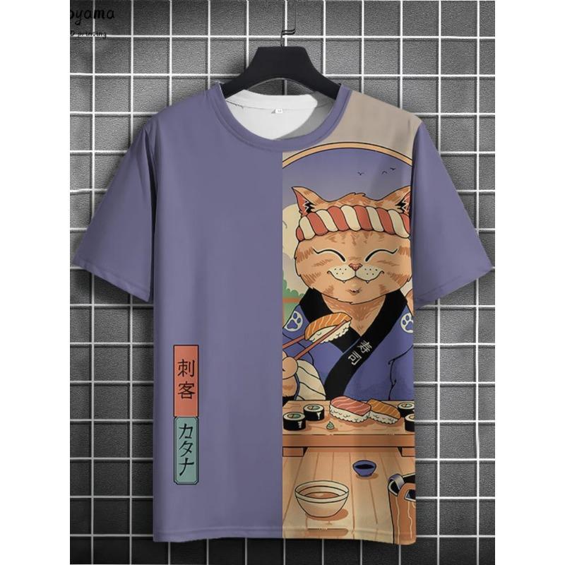 Japanese Samurai Cat 3D Printed T-Shirts for Men Short Sleeve Tee Casual Loose Harajuku Men's Clothing Oversized T-Shirt Tops