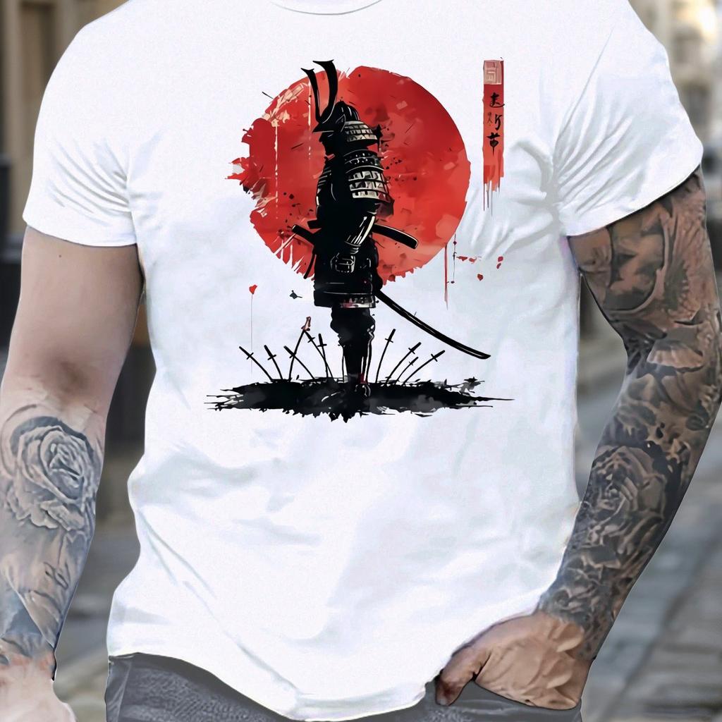 Men Japanese Samurai Graphic T-Shirt Bold Red Circle Sword Design Breathable Summer Short Sleeve